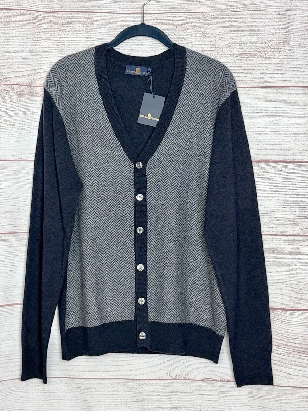 Eredi Pisano Wool Cashmere Grandpa Cardigan Herringbone Navy Gray sz L Slim NWT